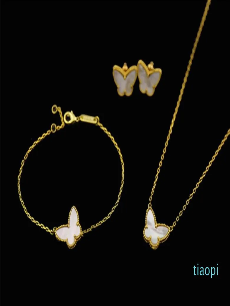 18K Gold Fashion Classic Sweet 4Four Leaf Clover Butterfly Bracelet Earrings Necklace Jewelry Set for S925 Silver Van WomenGirls1233458