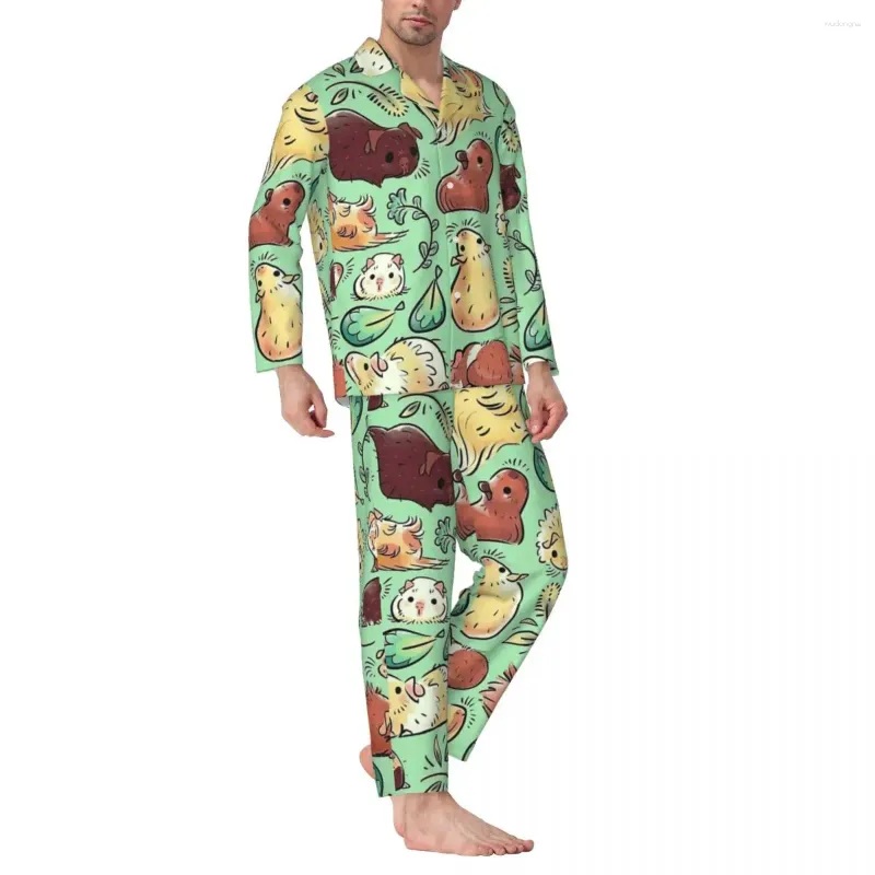 Men's Sleepwear Pajamas Men Cute Guinea Pig Room Animal Lover 2 Pieces Casual Pajama Set Long Sleeve Comfortable Oversize Home Suit