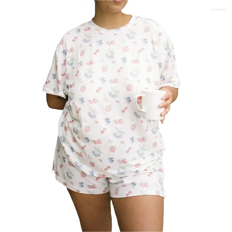 Mulheres sleepwear xingqing mulheres pijama conjunto y2k estética floral / frutas impressão em torno do pescoço manga curta camiseta com cintura elástica shrots
