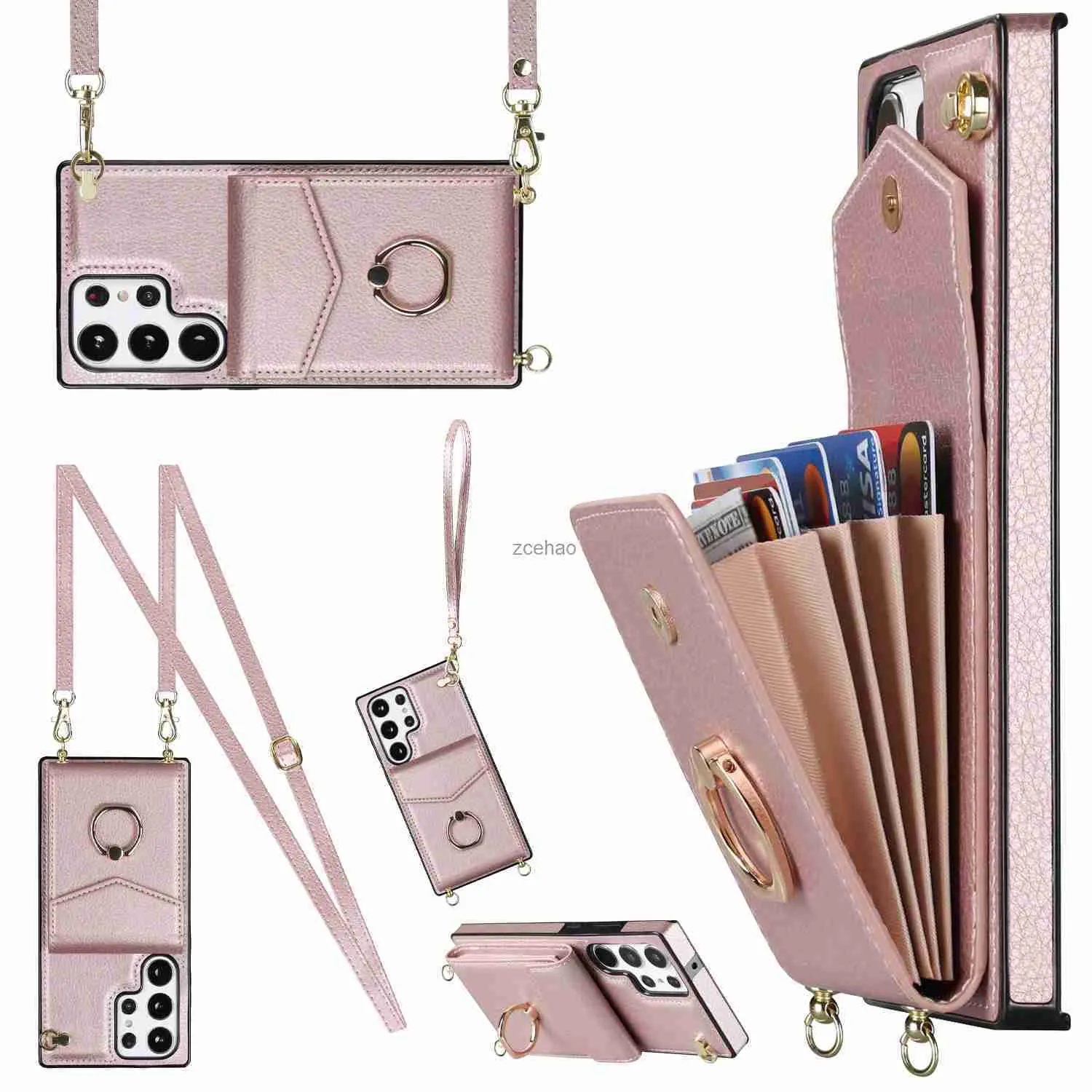 Étuis de téléphone portable Bague Stand Bandoulière Cas pour Samsung Galaxy S21 S20 FE S23 S22 Ultra Plus RFID Blocage Organ Card Holder Lanyard Cuir CoverL240105