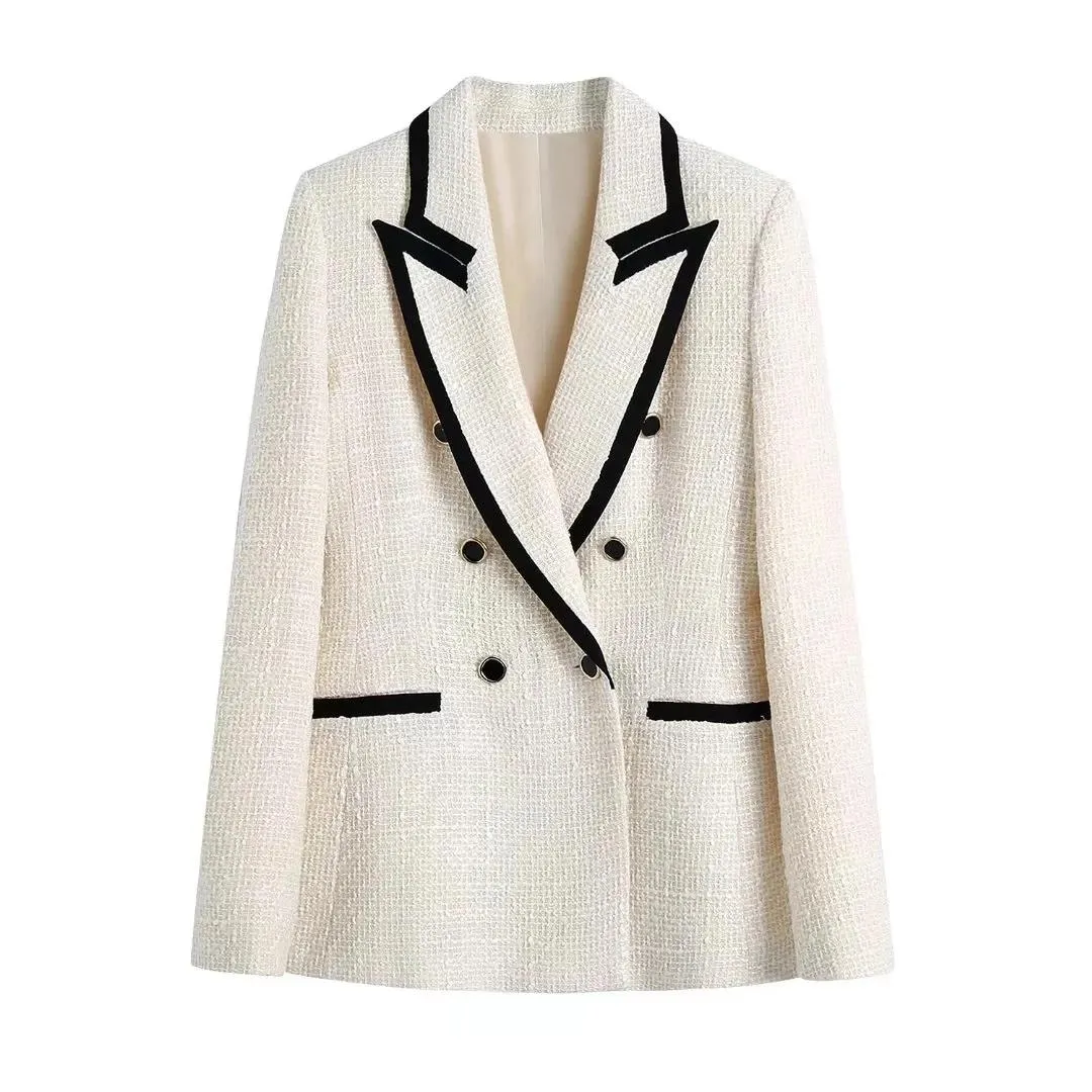 Vestes Blanc Noir Tweed Blazers Double Boutonnage Automne Manteaux Veste Intelligente Femmes 2022 Élégant Décontracté Vintage Contraste De Base Minimaliste