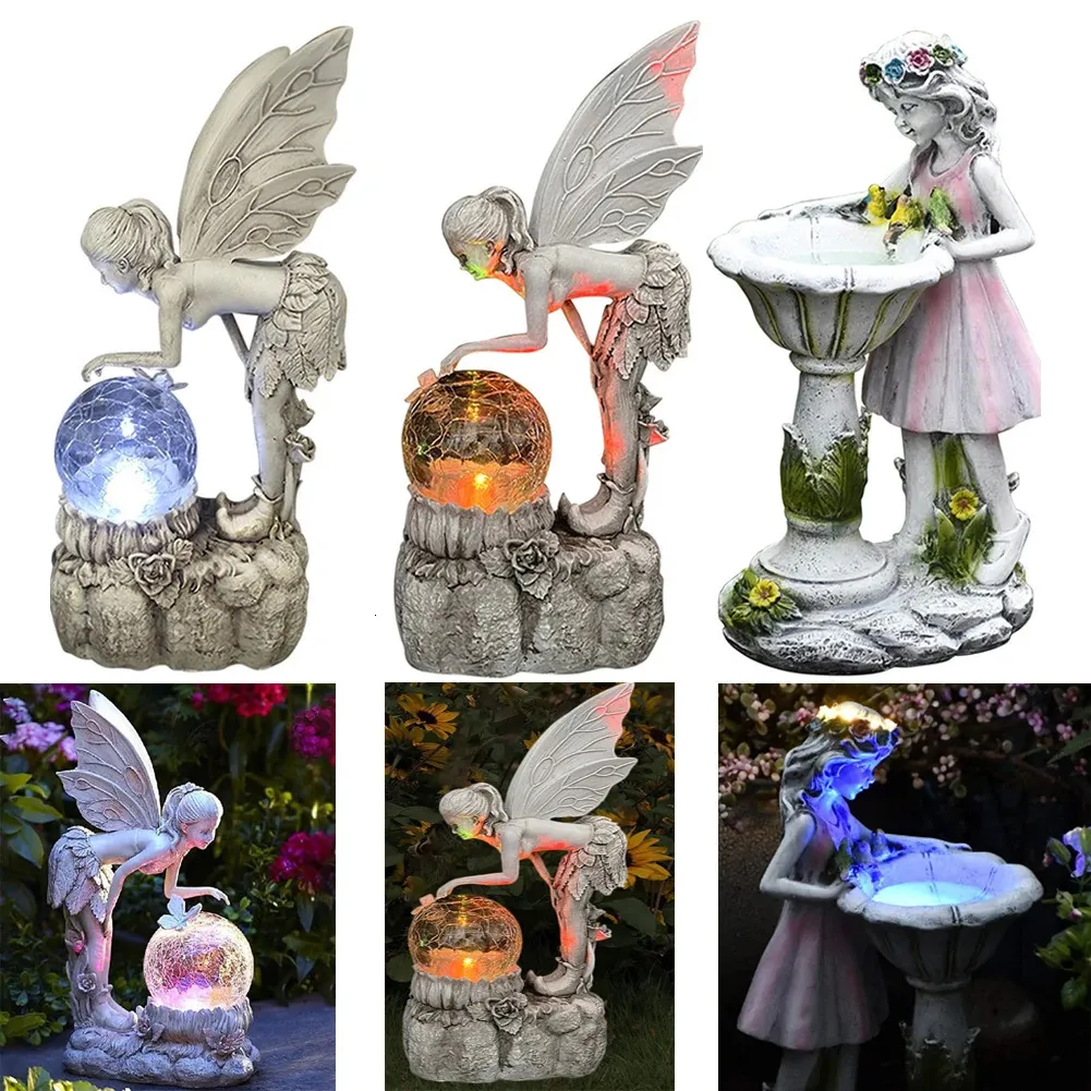 LED Solar Angel Resin Lamp Statue Garden Decoration Luminous Elf Girl Crafts Flower Fairy Outdoor Ornaments Gift 240108