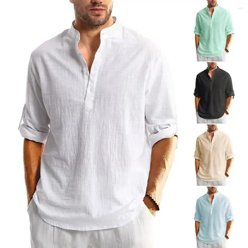 Camicie casual da uomo Camicia da uomo traspirante Elegante colletto alla coreana Top a maniche lunghe per la primavera autunno Band Beach Summer