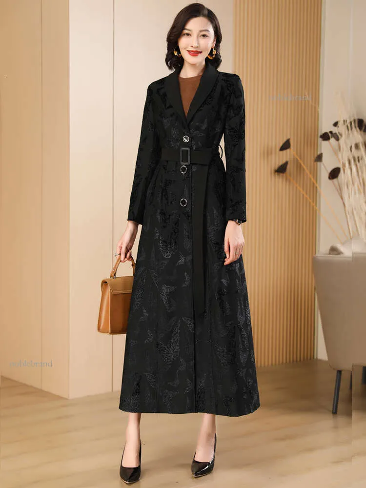 2024 Windbreaker Women's Spring and Autumn New Card Black Slant High End Coat Women's Fashion and Elegance Long Coat with Midje Wrap