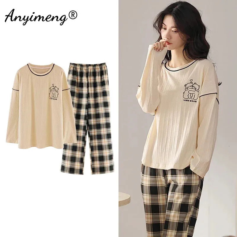 Otoño Invierno Coreano Kawaii Conjunto de pijamas para mujeres Pijamas de algodón de manga larga Pijamas grandes Moda Ropa de dormir Tallas grandes 4XL 5XL 240108