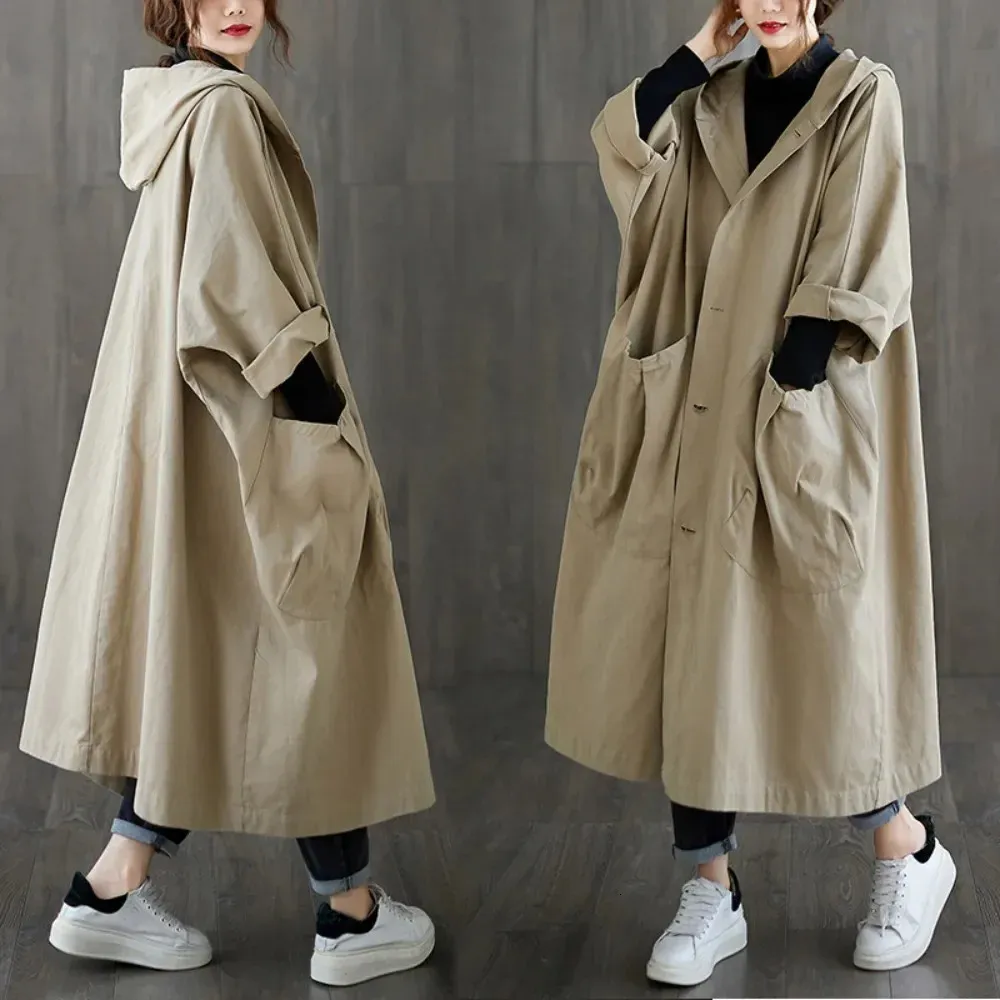 Autumn Winter Fashion Women Retro Big Pockets Hooded Long Sleeve Trench Office Lady Korean Style Overdimased Casual Loose Coats 240106