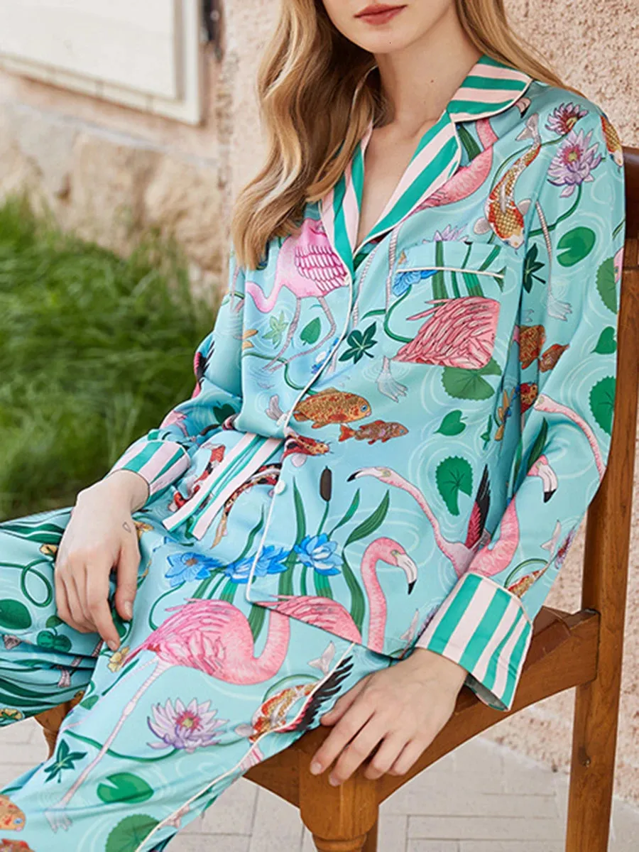 Ladieshow Pigiama Donna In Raso Di Seta - Maniche Lunghe, Morbido, Con Collo A V E Taschino, Rosa, Taglia M