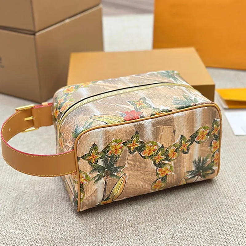 Bolso de maquillaje de mano para mujer, bolso de mano de diseñador, bolso de mensajero con estampado de letras a la moda, cuero genuino, cremallera abierta de alta calidad