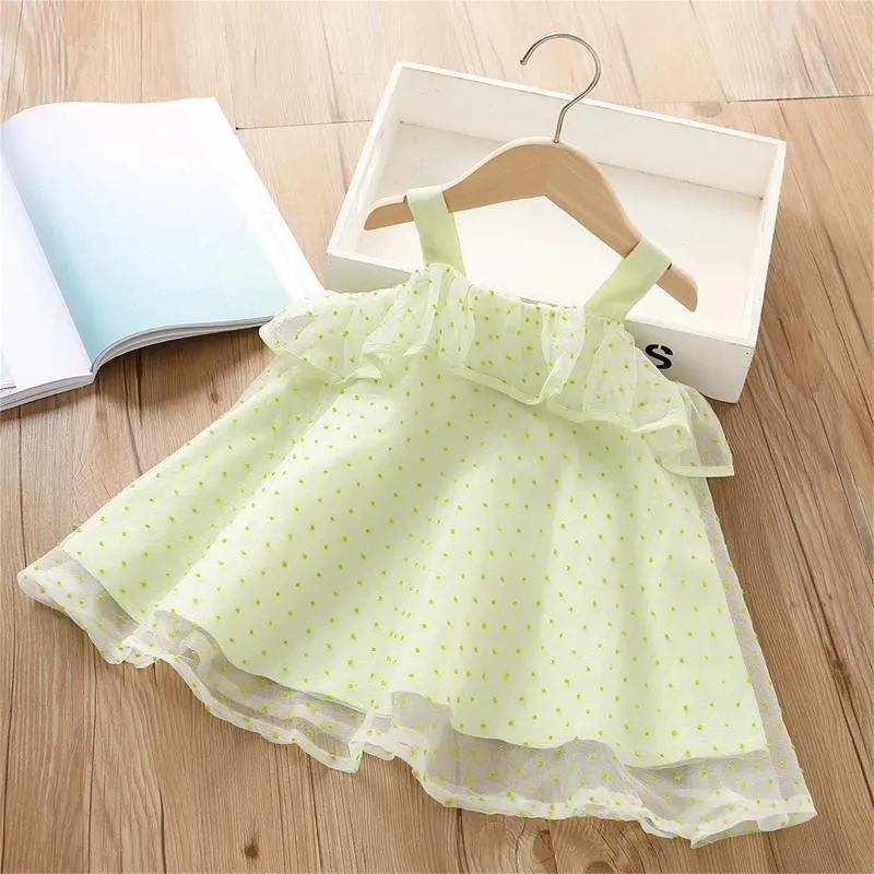 Dziewczyna sukienki 2024 Sukienka dla niemowląt Słodka zielona kropki drukowania Girls Girls Chambray i tiul