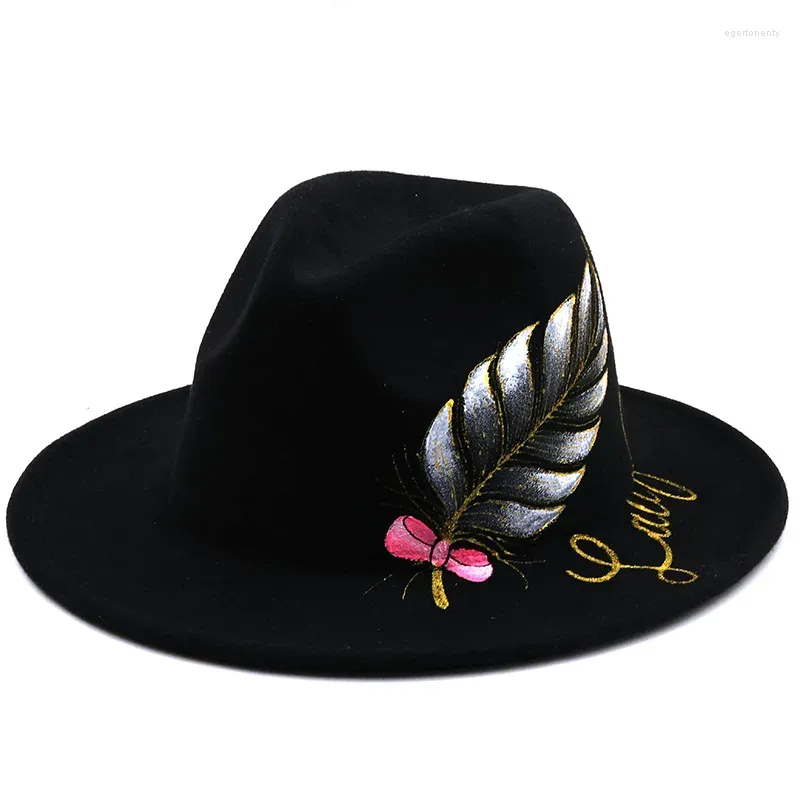 Berets szeroki brzeg czarny czapkę ręcznie malowane liście płaskie tweed jesienna zimowa panie jazzowe para wełniana