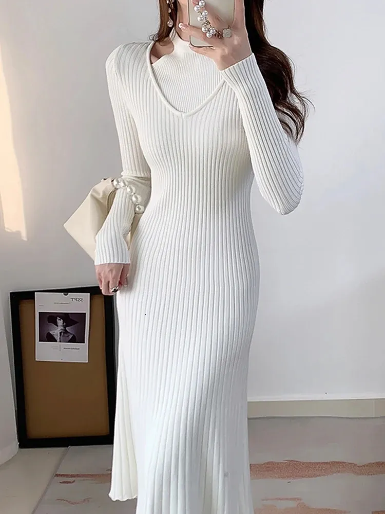 New 2024 Autumn Spring Sweater Women's Ribbed Cotton Long sleeved Knitted Long Skirt Korean Fashion Women's A-line Long Skirt 240108