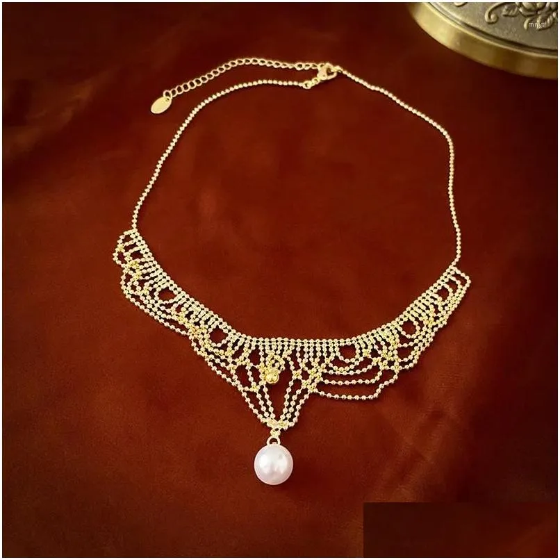 Pendant Necklaces Metal Mti-Layer Lace Tassel Pearl Necklace French Royal Style Clavicle Chain Women Drop Delivery Jewelry Pendants Otn7O