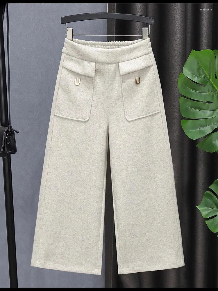 Women's Pants Woolen Capris Wide Leg Women Fall Winter Thick High Waist Pantalones Casual 78cm Warm Wool Blend Baggy Straight Sweatpants