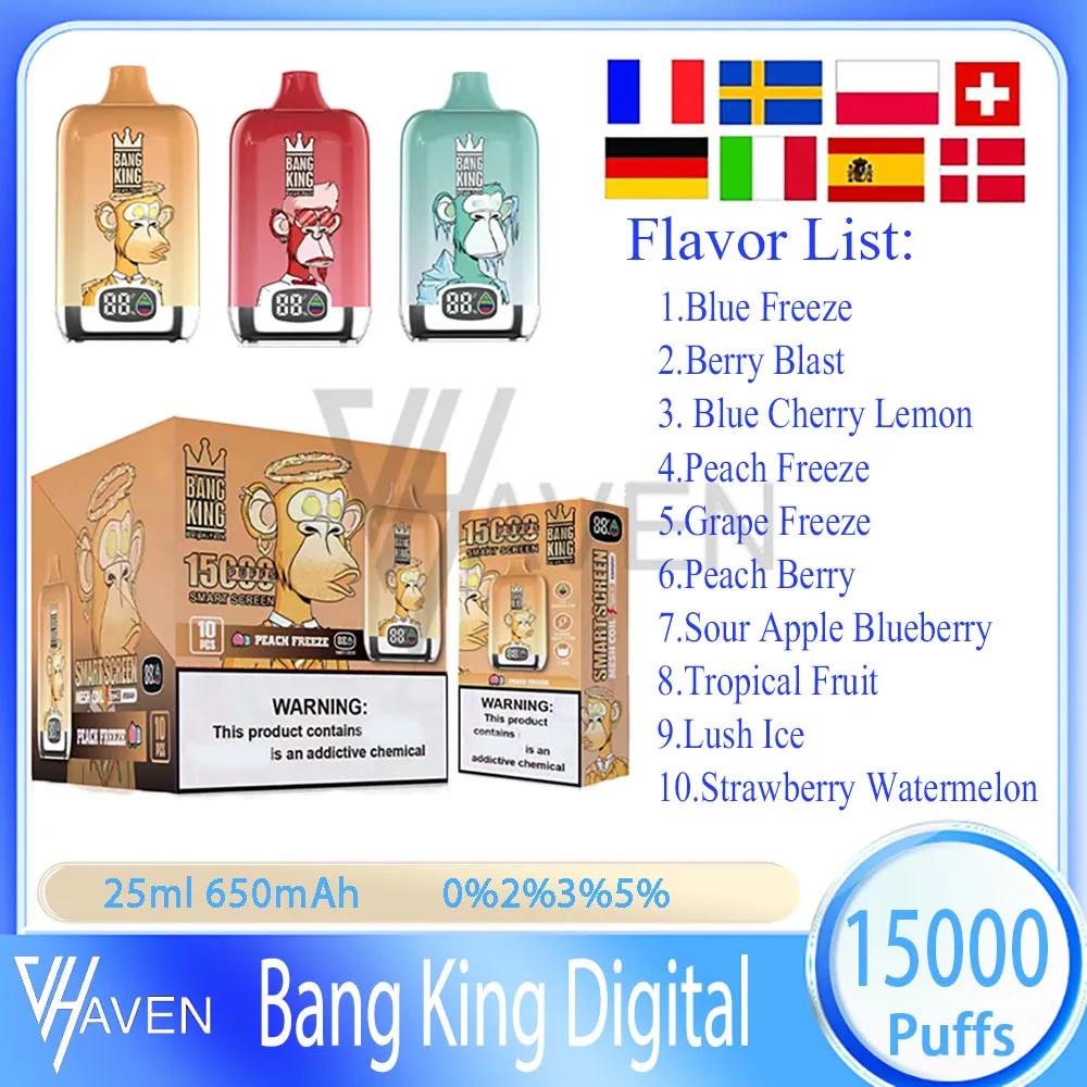 Bang King Digital 15000 Puff Bars jetables Vape Pen E cigarettes 25 ml par cartouche de dosettes remplies 650 mAh batterie rechargeable bouffées 15k Kit