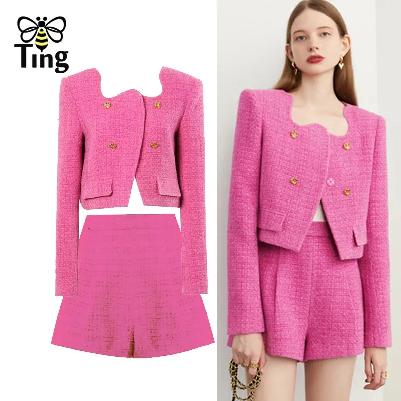 Tingfly Designer Runway Fashion Fuchsia Color Tweed Jacket Coats Shorts 2 Pieces Sets Lady Winter Autumn Chic Outifts Suits 240108