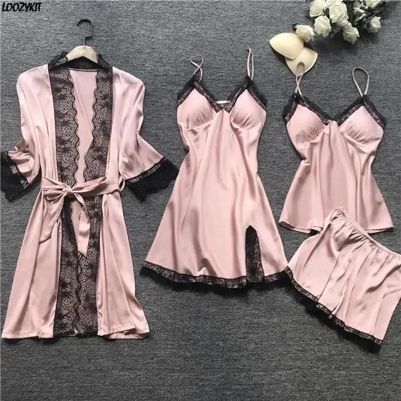 Coverups Coverups 2021 Damen-Pyjama-Sets, Satin-Nachtwäsche, Seide, 4-teilig, Nachtwäsche, Pyjama, Spaghettiträger, Spitze, Schlaf-Lounge-Pijama mit Che