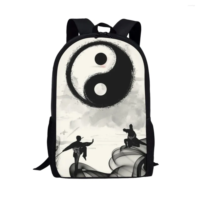 Sacos escolares estilo chinês mochilas marciais yin yang pintura padrão saco de livro para adolescentes meninas meninos retro 16in