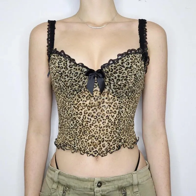Kvinnors tankar vintage leopard tryck skörd topp sexig kontrast färg bow spets lapptäcke camis natt fest klubb bär grunge korsett