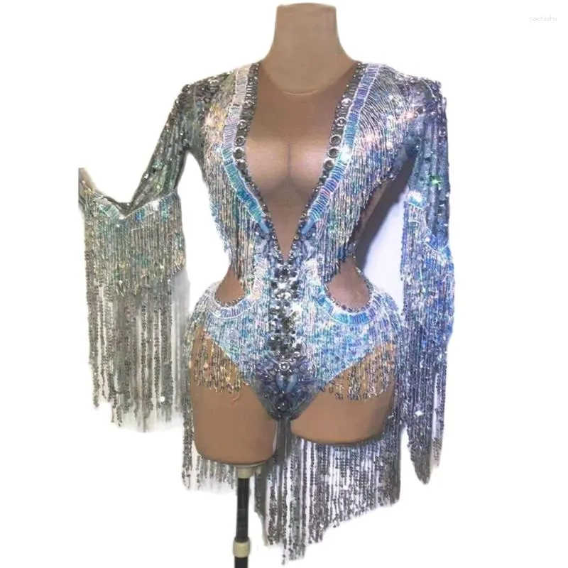 Stage Wear Tassel Crystal Rhinestone Bodysuits Bodycon Women Long Sleeves Latin Dance Birthday Costume Party Nightclub Outfit Rompers