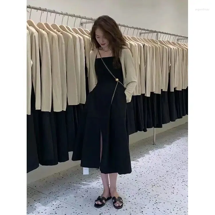 Work Dresses 2024 Summer French Cold High-class Sense Of Celebrity Light Mature Style Cardigan Black Halter Dress Two-piece Suit