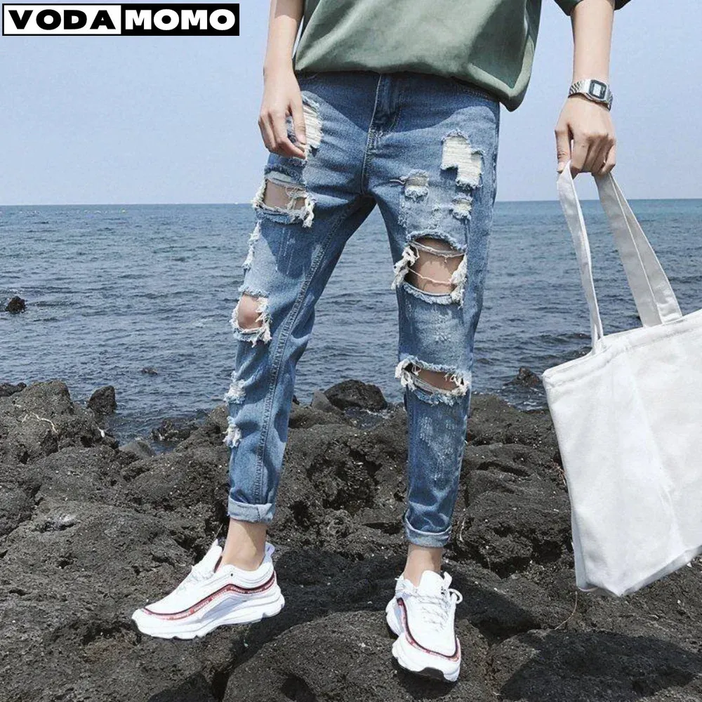 Abbigliamento da strada Jeans a gamba larga Piedi dritti da uomo Pantaloni lunghi Jeans Y2k Jeans da uomo Strappati Abbigliamento uomo Pantaloni cargo in denim 240108