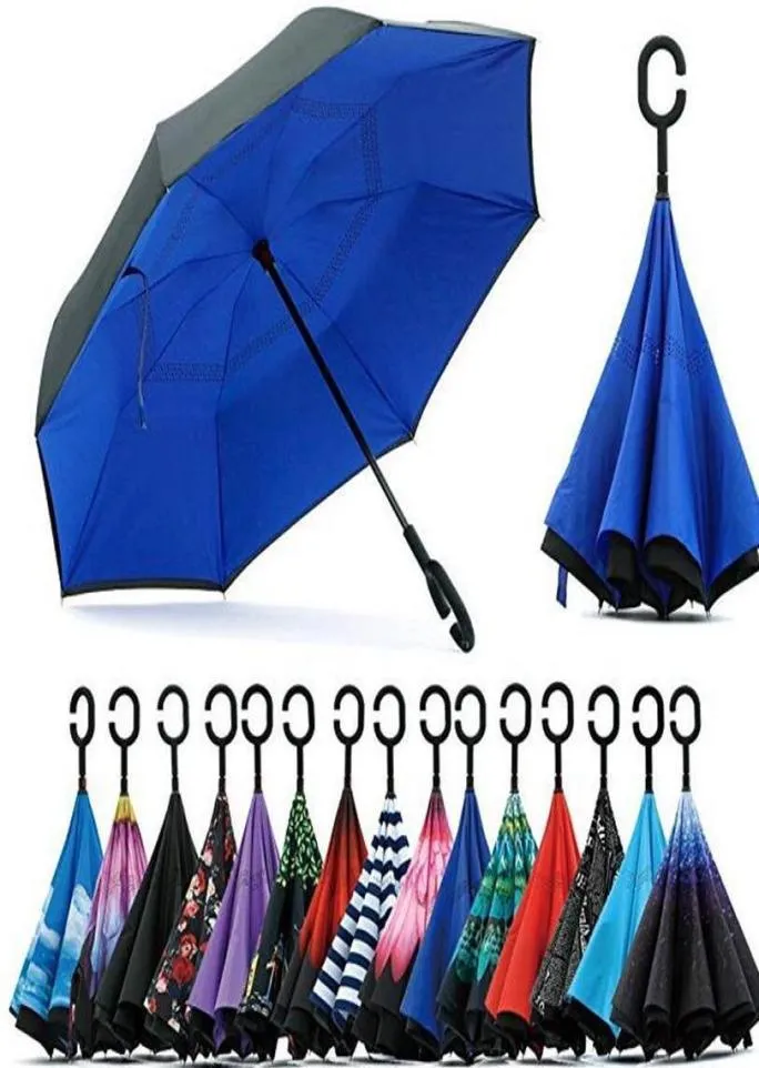 Reverse C Handle Umbrella Windproof Reverses Sunscreen Rain Protection Umbrellas Fold Doublelayer Inverted Household Sundry Rains8302246