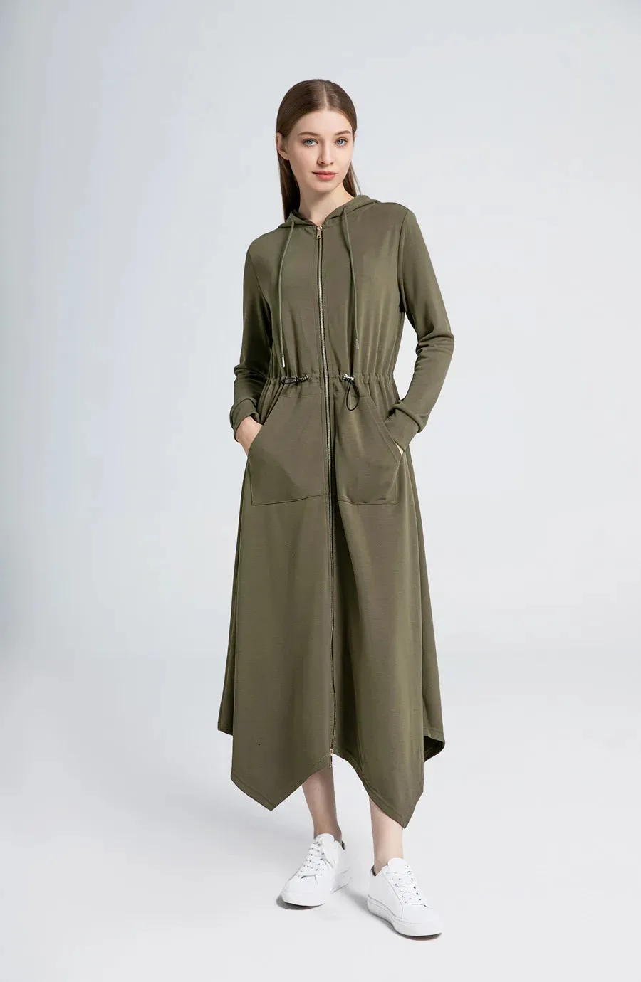AS fashion – sweat-shirt à capuche décontracté pour femme, robe à fermeture éclair dorée, longueur aux genoux et maxi, 240108