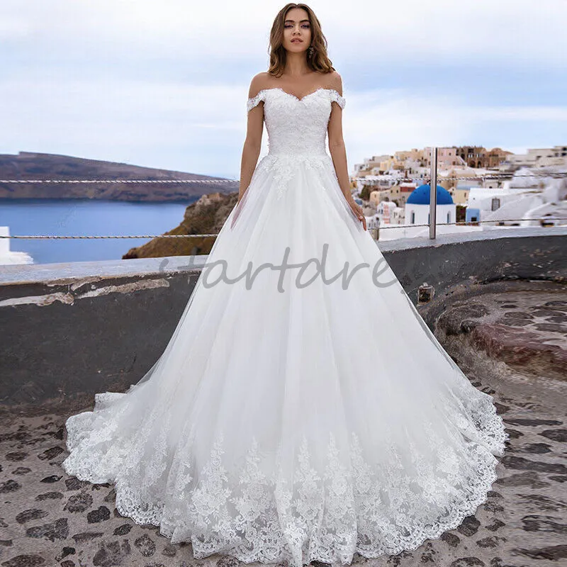 Princess White Lace Wedding Dresses 2024 Elegant Off Shoulders Appliques Court Train Garden Country Bridal Gowns Corset Vestios Novia Hispanic Robe De Mariage 2024