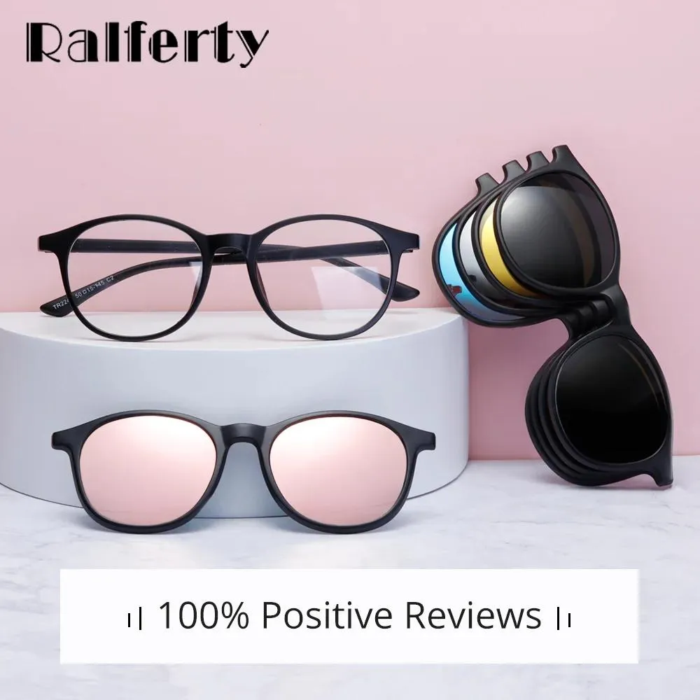 Sunglasses Ralferty Magnet Sunglasses Women Polarized 6 in 1 Eyeglass Frame with Clip on Glasses Men Round Uv400 Tr90 3d Yellow Oculo A2245