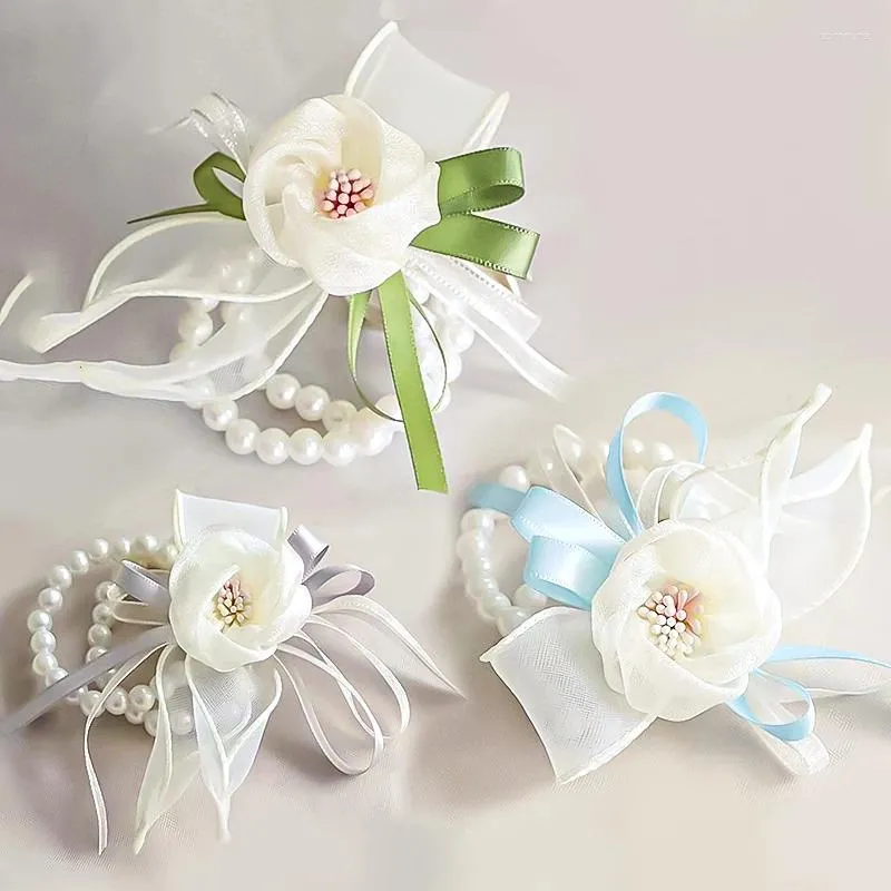 Charm Bracelets Pearl Wrist Flowers Artificial Rose Flower Bridesmaid Bride Elastic Bracelet Wedding Party Accessories