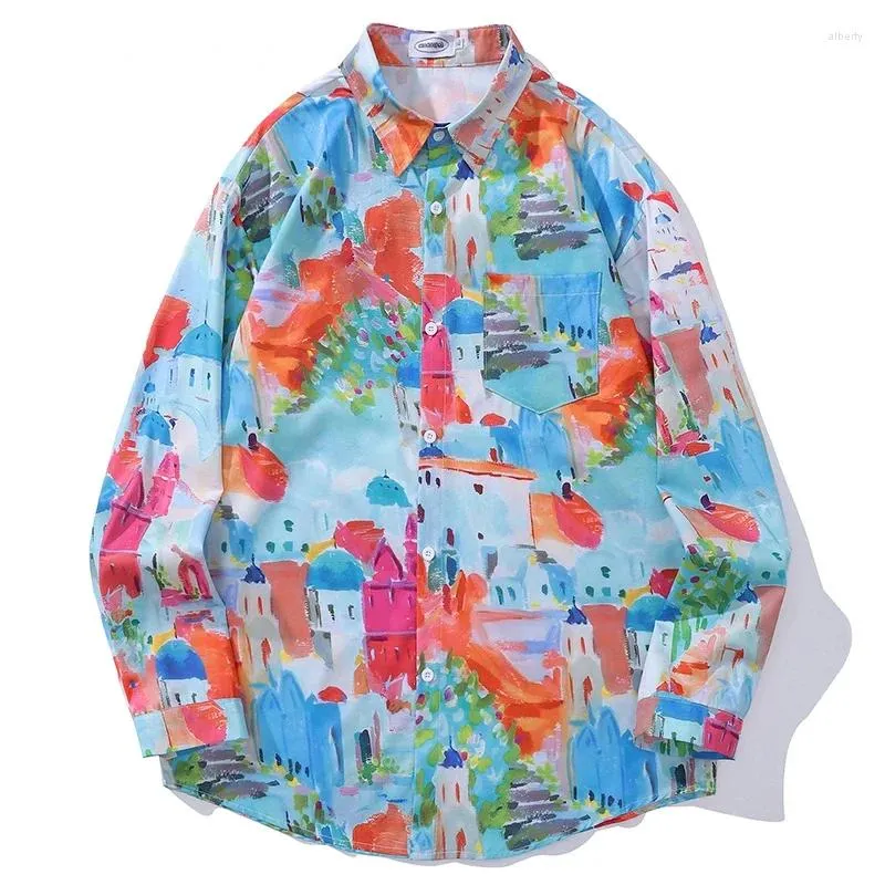 Mäns casual skjortor Spring Men Button Hawaiian Beach Shirt Hip Hop House Graffiti Graphic Print Blue 2024 Streetwear Harajuku Fashion