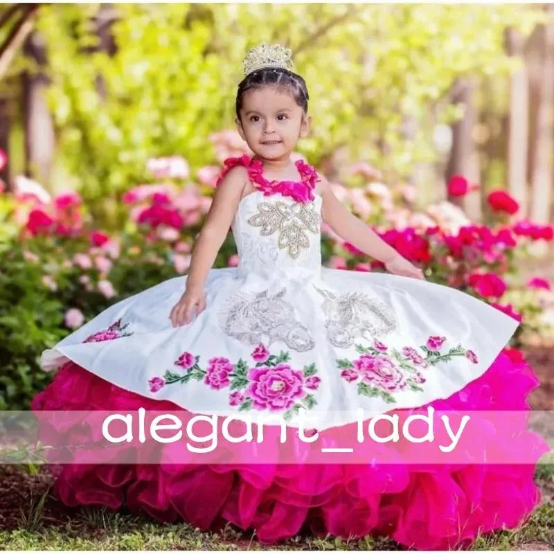Vestidos Fúcsia Criança Princesa mini vestido quinceanera com arco cavalo bordado beleza concurso bonito babados flor menina vestidos mexicano ch