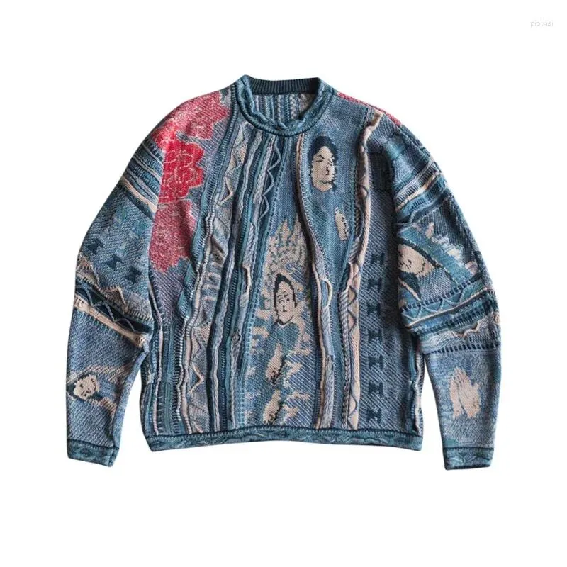 Pulls pour hommes Kapital Non Hirata Hohiro Japon Ancien Travail Lourd Vieux Portrait Imprimé Rose et Pull Pull Lâche Vintage pour Femmes