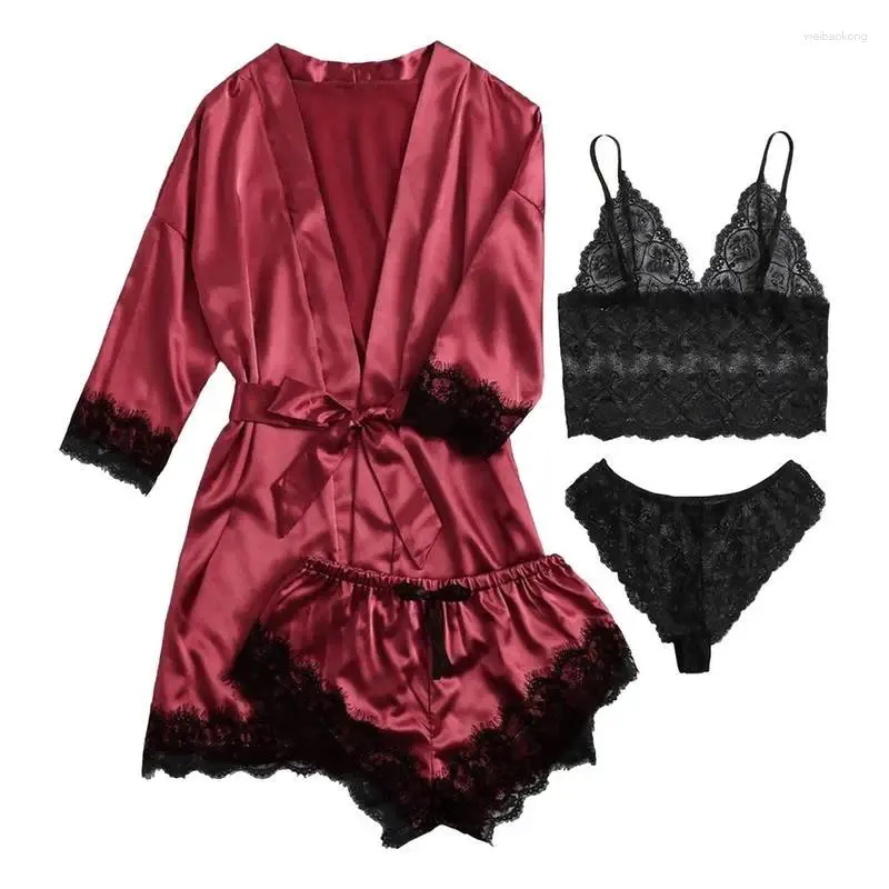 Cama saia lingerie conjunto com robe 4 pçs camisola para meninas macio confortável e respirável spa roupão feminino casa el