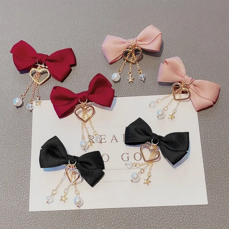 Mulheres doce bowknot grampos de cabelo meninas bonito coração pérolas pingente grampos lado franja clipes barrette headwear acessórios para o cabelo