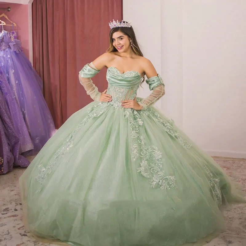 Saliegroene Tule Quinceanera Jurk 2024 Applique Kralen Crytals Bloemen Uit de Schouder Baljurk Sweet 16 Feestprinses Jurk