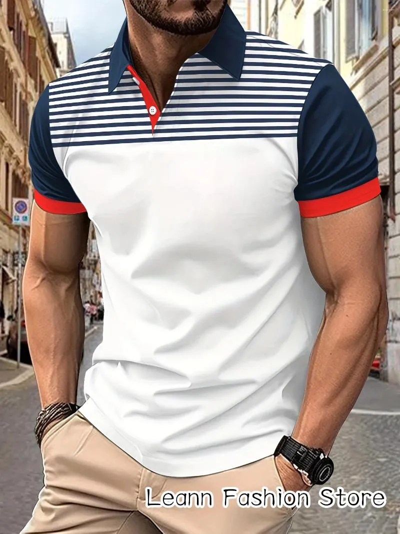 Polo da uomo Polo con stampa a righe moda Camicia estiva da uomo a maniche corte Abbigliamento maschile Vintage Top T-shirt Casual Colletto con bavero Streetwear