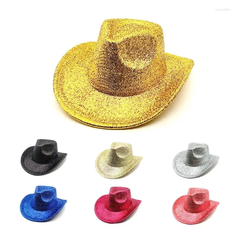 Береты, забавные вечерние шляпы, ковбойская шляпа для женщин, блестящий желтый диско-костюм в стиле вестерн, наряд