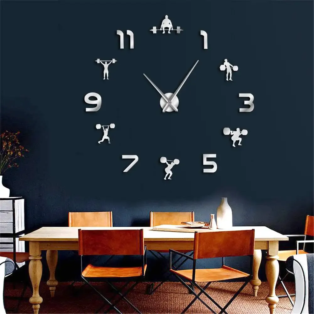 Haltérophilie Fitness bricolage horloge géante salle de sport autocollant mural montre 3D horloge murale de luxe créatif mur Art décor pour salle de sport 240106