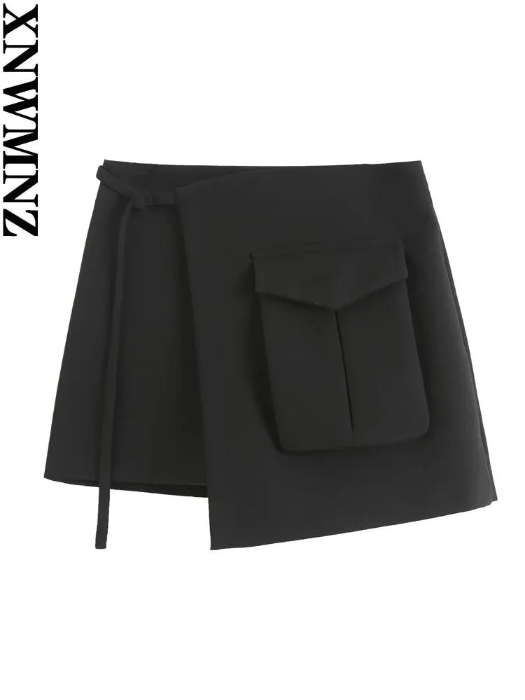 Spódnice xnwmnz 2023 Kobiety moda mody kieszonkowa kieszonkowa Skort Woman High Street Tie Side Zipper Casual Female Chic Shorts Spódnica