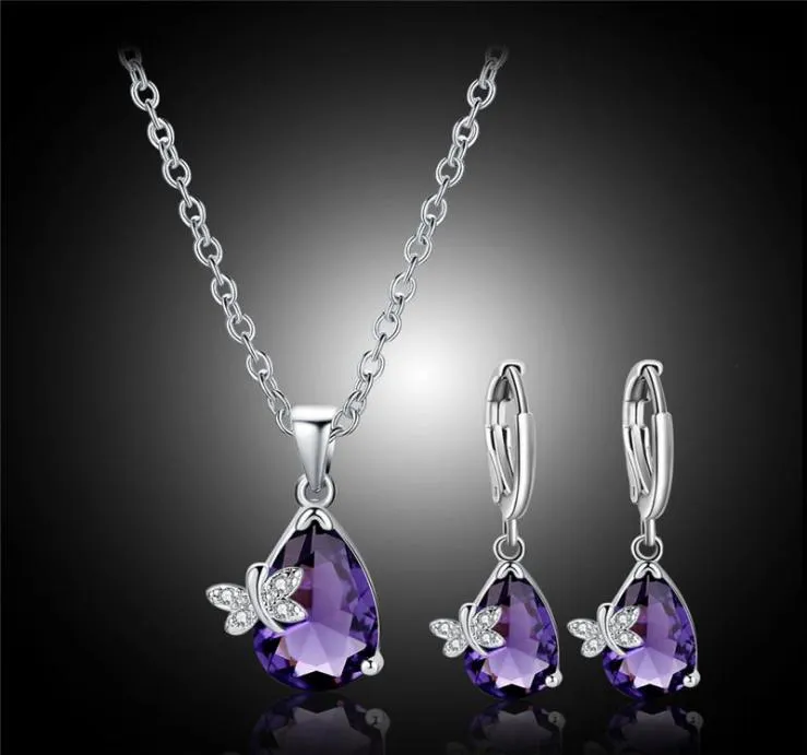 Örhängen halsband Dainty Female Purple Crystal Jewelry Set Charm Silver Color Dangle For Women Luxury Fjäril Bröllopskedja3611710