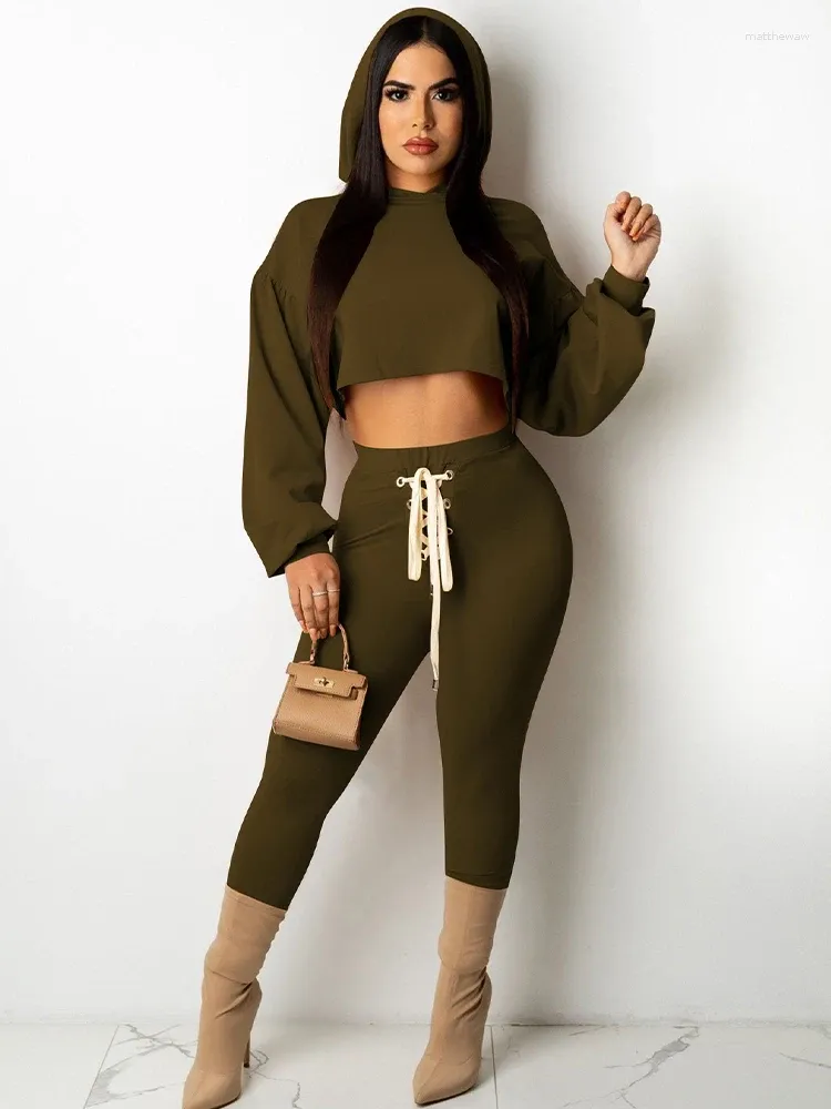 Kvinnors tvåbitar byxor Casual Spring Hoodies Lounge Set Women Tracksuits Hooded Crop Sweatshirt och Drawstring Elastic Midje Sweatpants