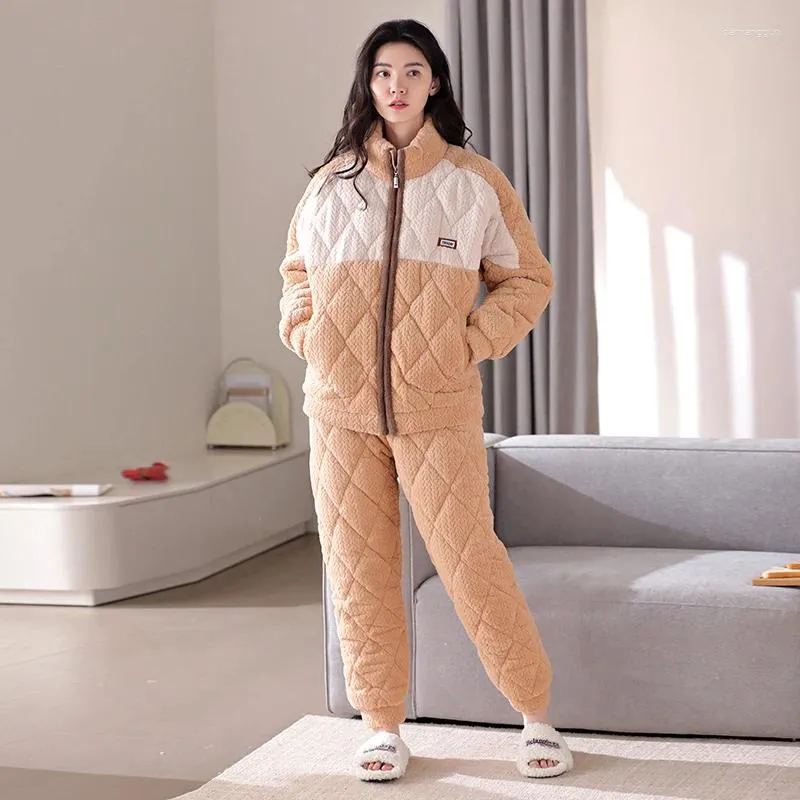 Women's Sleepwear Three-layer Clip Cotton Pajamas Women Flannel Quilted Female Warm Pijamas Mujer