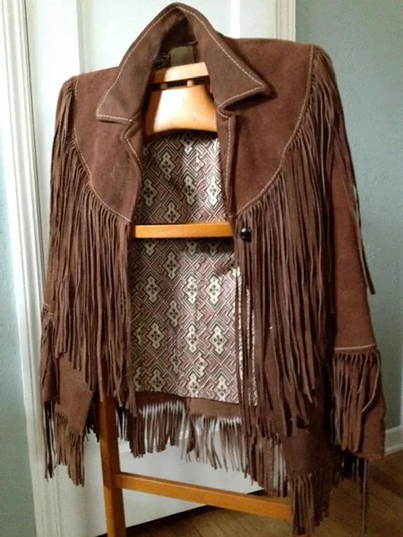 Jackets Women's Suede Jacket Women Indie Folk Tassel Spring/autumn Crop Coat Women Fringed Longsleeved Bohemian Ethnic Jackets Brown