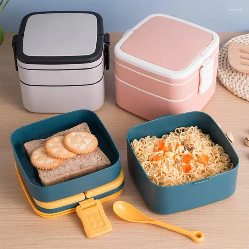Servis bärbar 2 lager hälsosam lunchlåda container mikrovågsugn bento lådor med bestick lunchlåda hög kvalitet