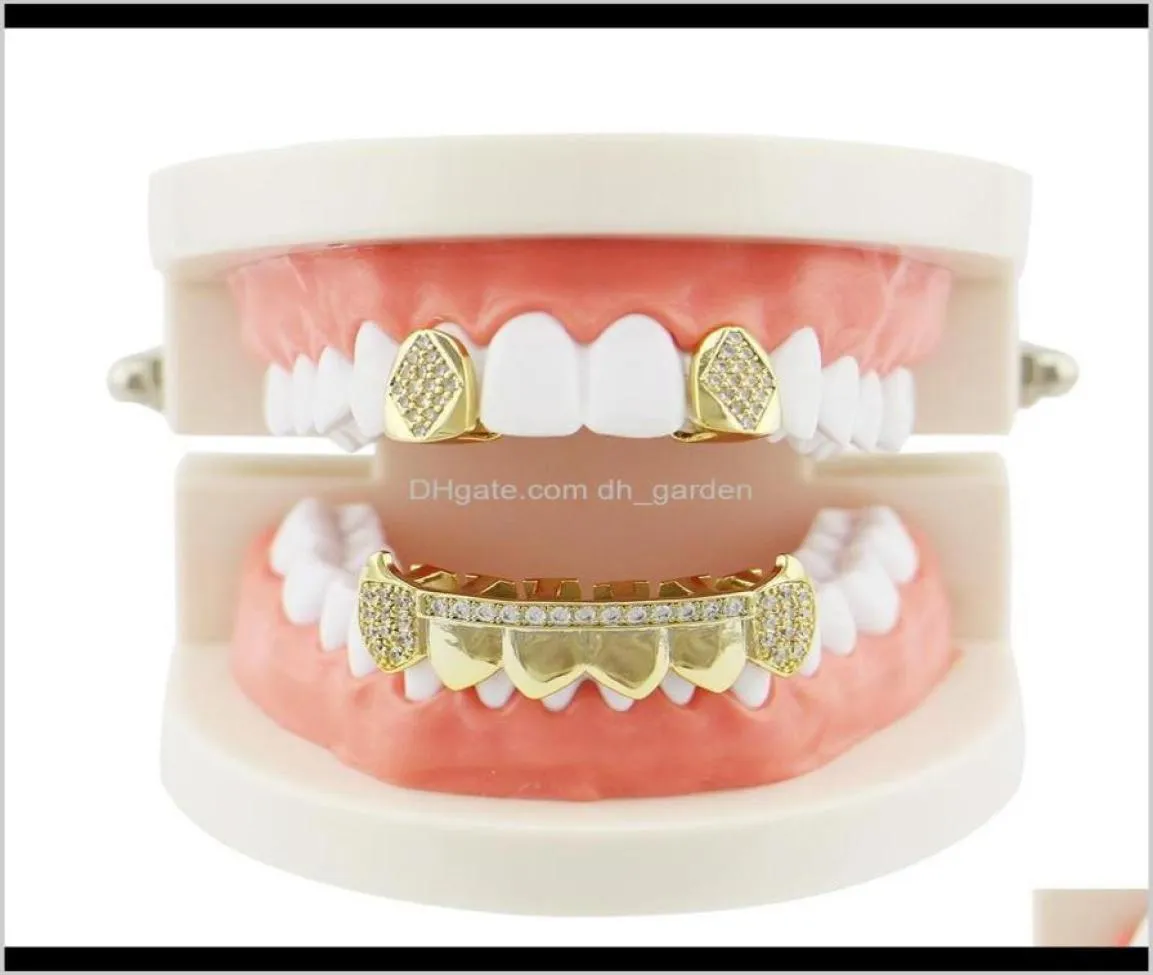 Grillz украшения для тела Прямая доставка 2021 панк-набор Gold Sier Teeth Grillz верхняя нижняя грили стоматологические шапочки для рта косплей вечеринка 9Du3B2496284