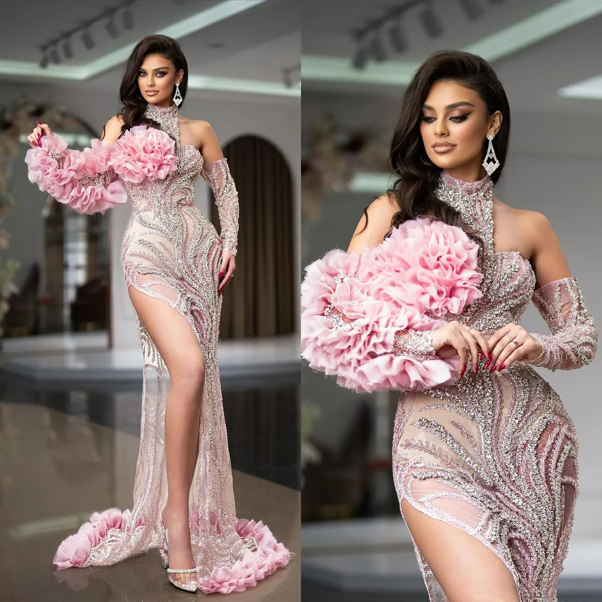Elegant Mermaid Prom Dress with Crystal Beading Ruffles and Long Sleeve Perfect for Evening Events and Junior Bridesmaids
