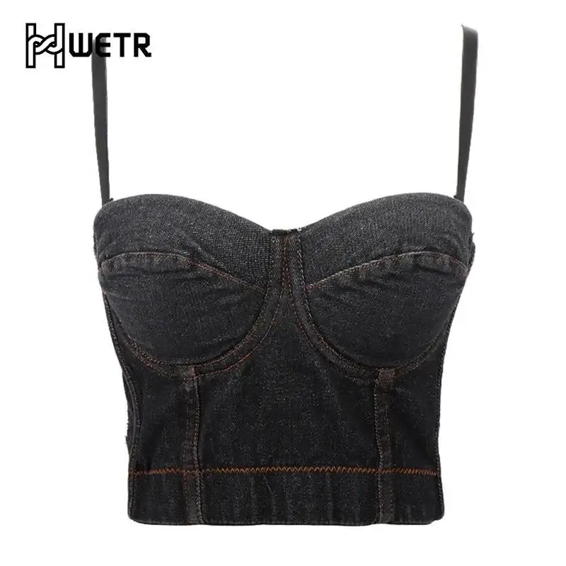 Camis seksi denim Camis tank üst sırtsız büstüncu gece kulübü sutyen yelek moda kadınlar için push up sütyen ile