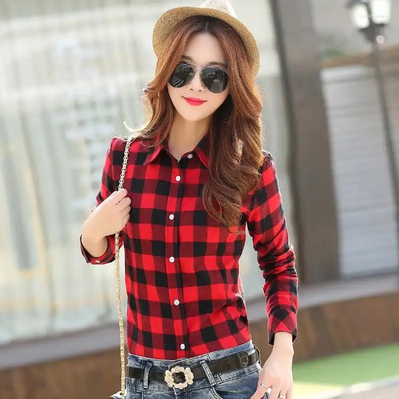 Women's Blouses 2024 Fine Casual Women Long Sleeve Checked Shirts Ladies Cotton Red Black Flannel Plaid Shirt And Tops Fresh Female Clothes