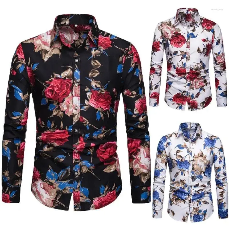 Мужские повседневные рубашки 2024, весенне-осенние приталенные рубашки больших размеров с длинным рукавом и цветочным принтом, модные